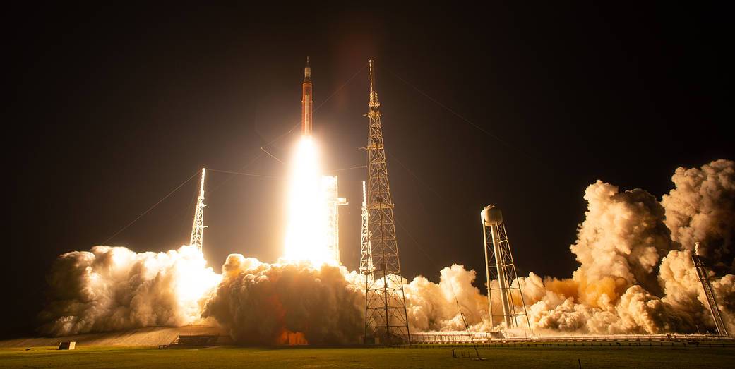 Representative archive photograph of the Artemis I Space Launch System rocket lifting off at night on 16 November 2022. Not the lead mission in this draft.